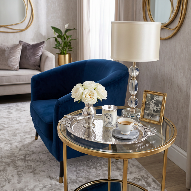 Silver Tray On Glass Gold Table