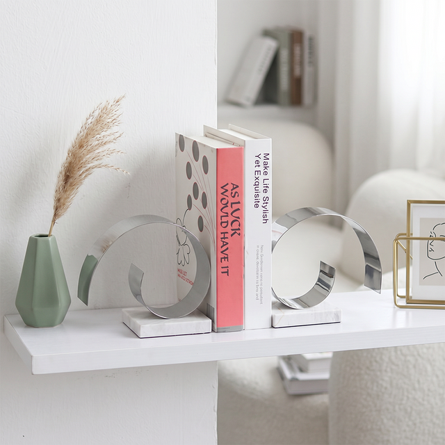 Decorative Silver Spiral C-Form Bookends with White Marble Base Set of 2– Modern Stainless Steel & Marble Book-Ends for Shelves, Desk & Living Room