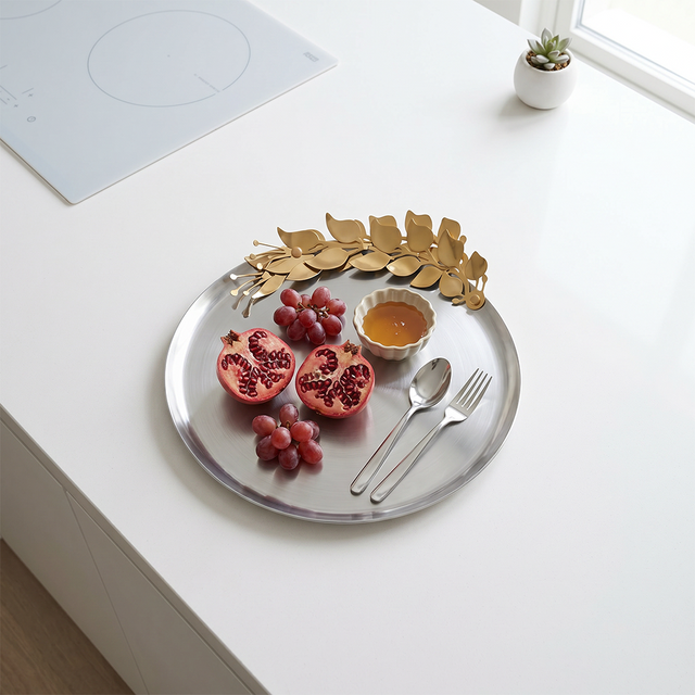 Round Stainless Steel Decorative Tray — Brushed Silver Serving Tray with Gold Metal Floral Accent, Botanical Vanity & Coffee Table Organizer