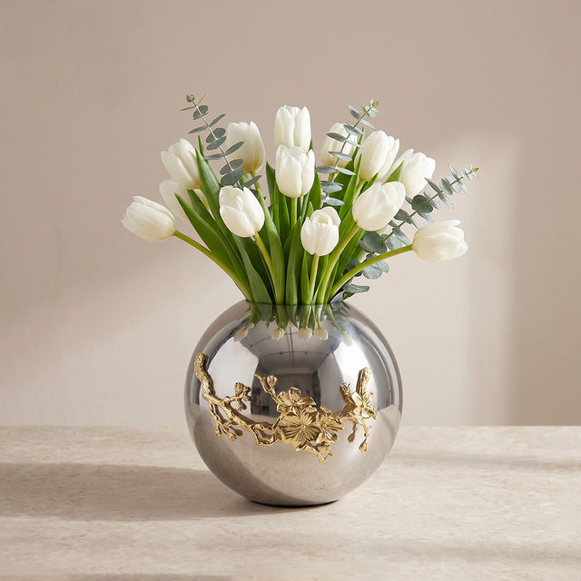 Silver Globe Vase with Gold Floral Accent — Glam Mirror-Polished Metal Sphere Vase