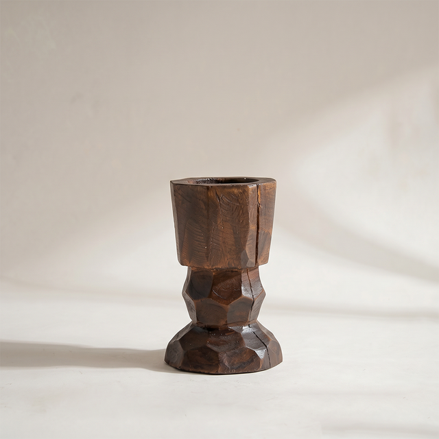 Small Faceted Wood Pillar Candle Holder