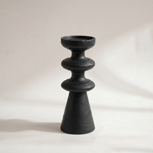 Black Pillar Candle Holder — Stacked Turned Solid Wood Candlestick, Modern Vintage Style Pillar Holder for Mantel, Dining Table & Console