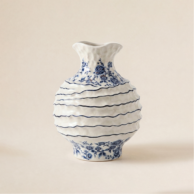 Blue and White Floral Ceramic Vase, Hand-Painted Textured Wabi-Sabi Decor for Dining Table, Console, Entryway