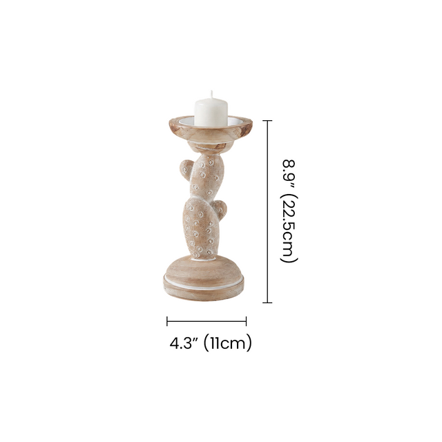 Handcrafted Wood Cactus Candle Holder - Whitewashed Rustic Boho Candlestick for Table, Shelf & Mantel
