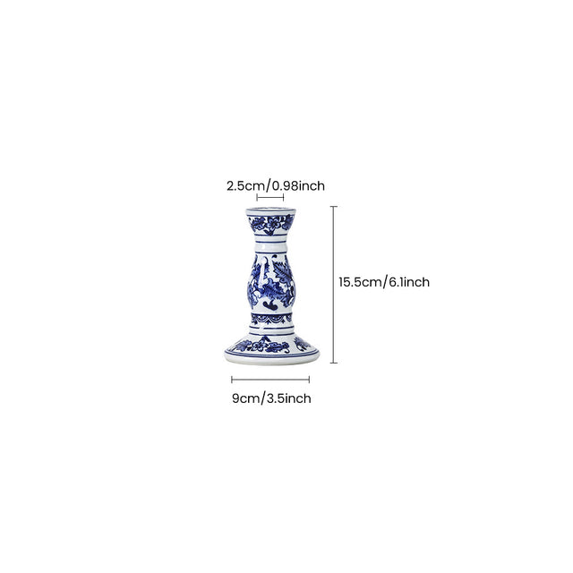 Blue & White Porcelain Taper Candlestick Holder — Traditional Floral Scroll Pattern, Chinoiserie Ceramic Candle Holder for Dining Table & Mantel