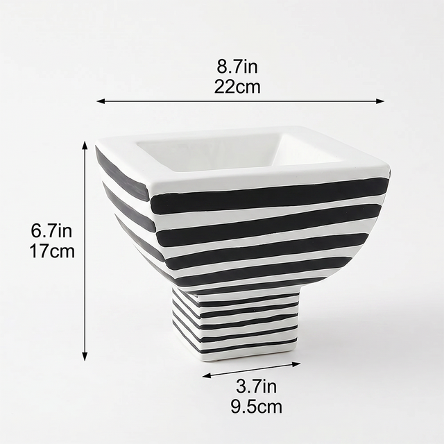 Black and White Striped Ceramic Pedestal Decorative Object, Hand Painted Accent Piece for Entryway, Console, and Coffee Table Decor