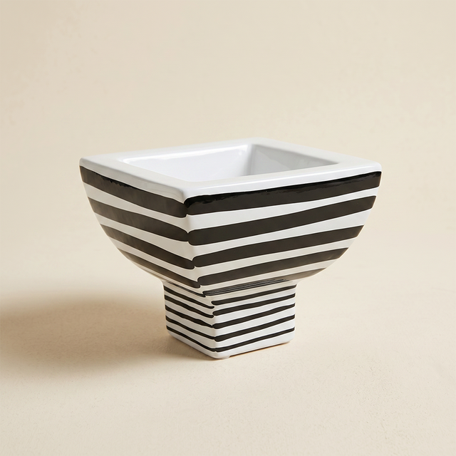 Black and White Striped Ceramic Pedestal Decorative Object, Hand Painted Accent Piece for Entryway, Console, and Coffee Table Decor