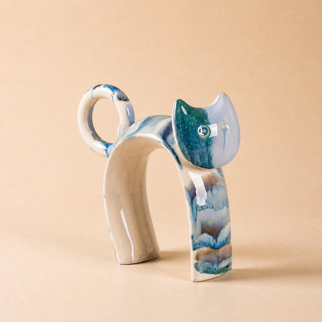 Hand-Painted Ceramic Cat Figurine, Abstract Blue & Ivory Drip-Glaze Sculpture, Modern Decorative Accent for Bookshelf, Console & Mantel