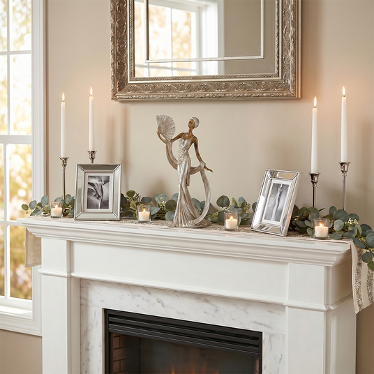 Statue decor on white stone fireplace