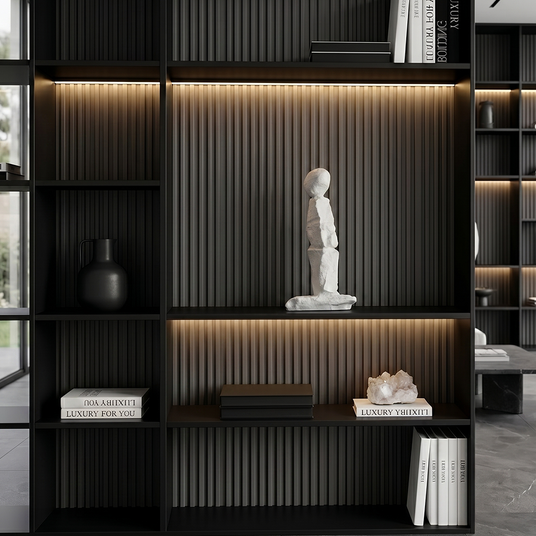 Stone textured figurine inside dark display cabinet