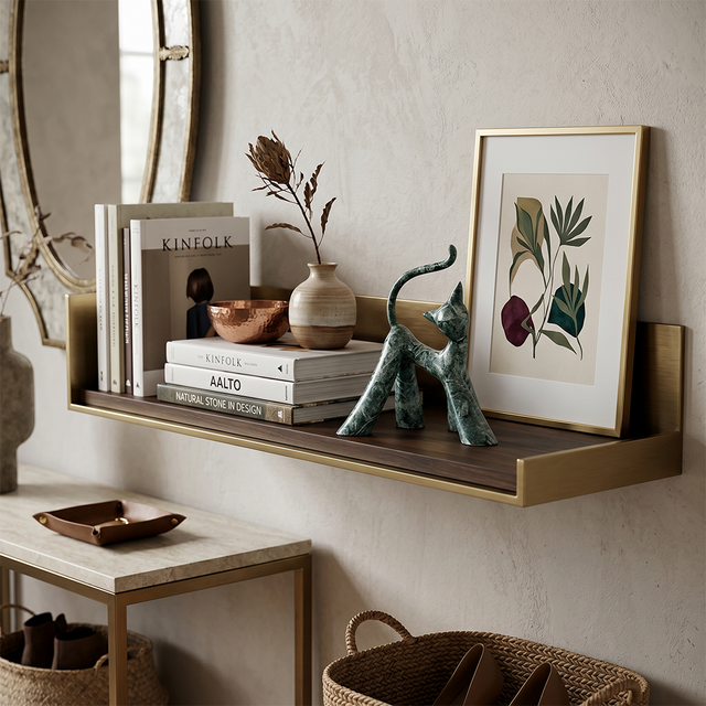Teal Walking Cat On Brass Shelf