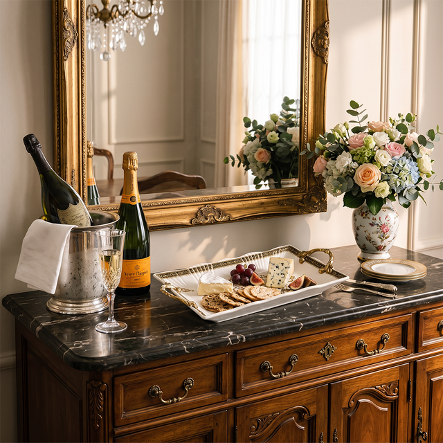 Baroque Ceramic Tray with Antique Gold Handles, Crackle Glaze Decorative Serving Tray with Ornate Floral Medallion Pattern, Vanity Organizer & Console Table Decor