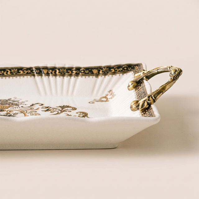 Baroque Ceramic Tray with Antique Gold Handles, Crackle Glaze Decorative Serving Tray with Ornate Floral Medallion Pattern, Vanity Organizer & Console Table Decor