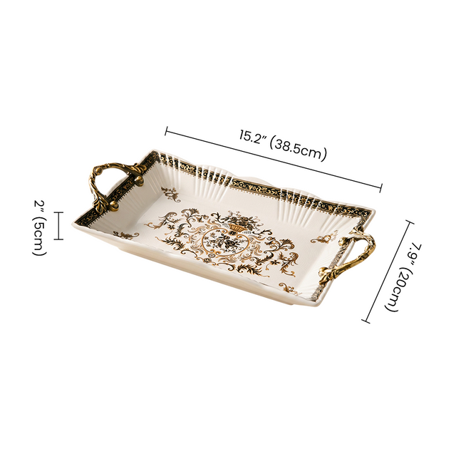 Baroque Ceramic Tray with Antique Gold Handles, Crackle Glaze Decorative Serving Tray with Ornate Floral Medallion Pattern, Vanity Organizer & Console Table Decor