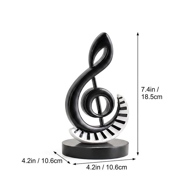 Treble Clef Music Sculpture, 7.4" High-Gloss Black Resin Figurine with Piano Keys, Art Deco Decor for Home, Office & Piano Room