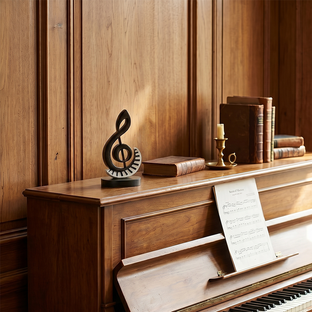 Treble Clef Music Sculpture, 7.4" High-Gloss Black Resin Figurine with Piano Keys, Art Deco Decor for Home, Office & Piano Room