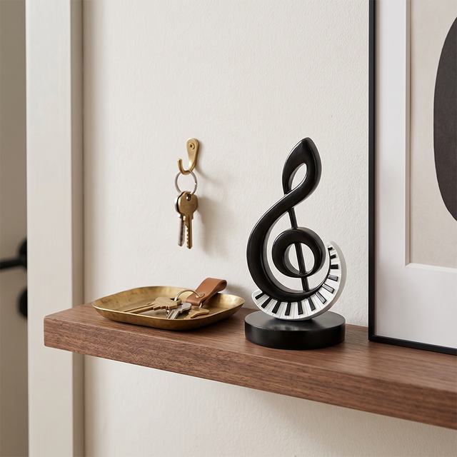Treble Clef Music Sculpture, 7.4" High-Gloss Black Resin Figurine with Piano Keys, Art Deco Decor for Home, Office & Piano Room