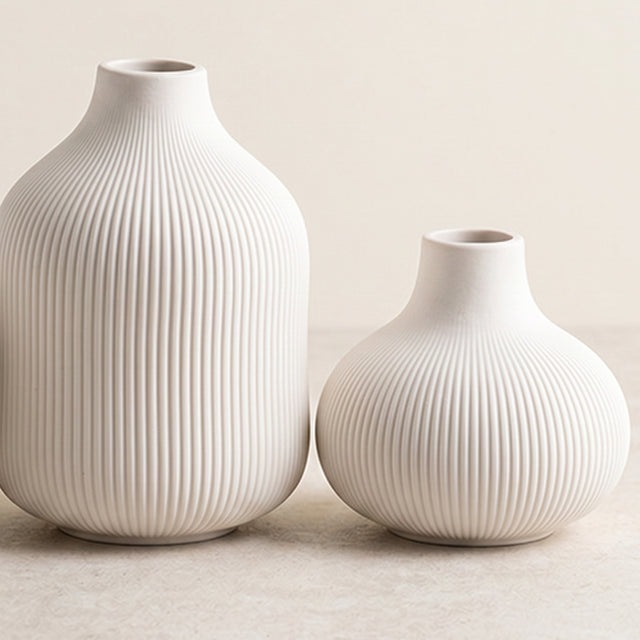 Set of 3 White Ceramic Ribbed Vases — Handcrafted Matte Bud Vase Set for Boho Farmhouse Home Décor