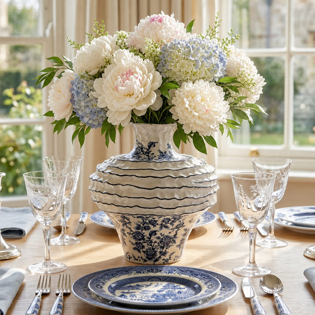 Blue and White Floral Ceramic Vase, Hand-Painted Textured Wabi-Sabi Decor for Dining Table, Console, Entryway
