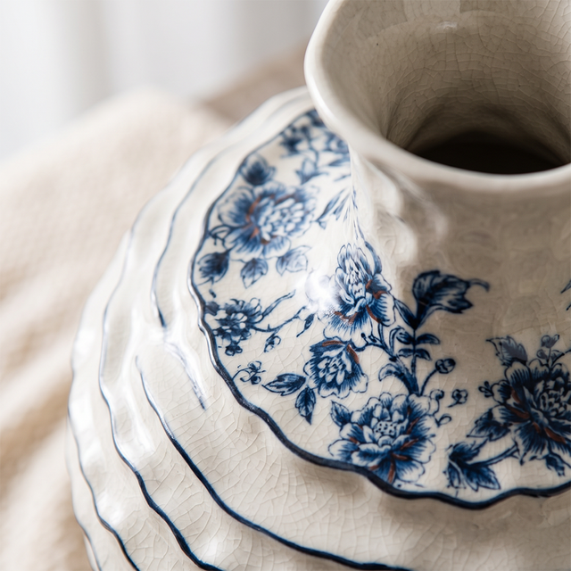 Blue and White Floral Ceramic Vase, Hand-Painted Textured Wabi-Sabi Decor for Dining Table, Console, Entryway