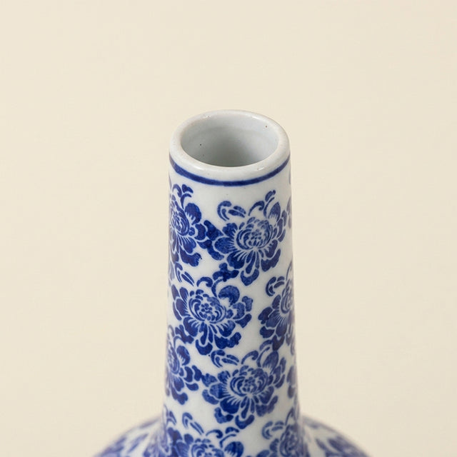 Blue and White Chinoiserie Vase — Ceramic Floral Long Neck Bottle Vase for Shelf, Sideboard & Traditional Home Décor