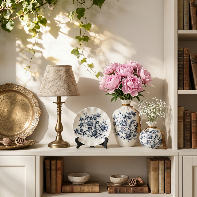 Blue and White Chinoiserie Vase Set of 3, Peony Ceramic Decorative Vases with Plate Stand and Gold Tassel for Home Decor