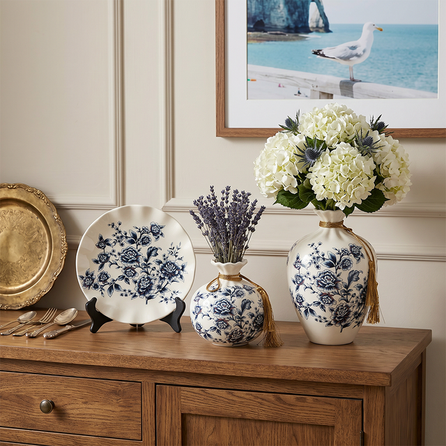 Blue and White Chinoiserie Vase Set of 3, Peony Ceramic Decorative Vases with Plate Stand and Gold Tassel for Home Decor