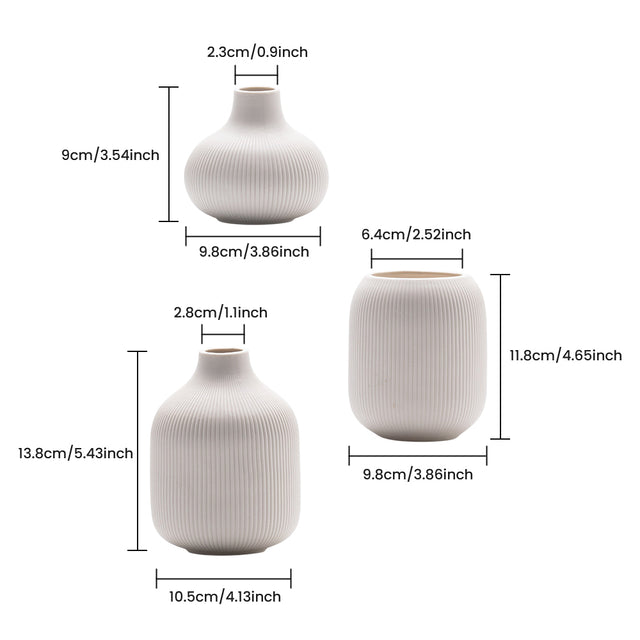 Set of 3 White Ceramic Ribbed Vases — Handcrafted Matte Bud Vase Set for Boho Farmhouse Home Décor