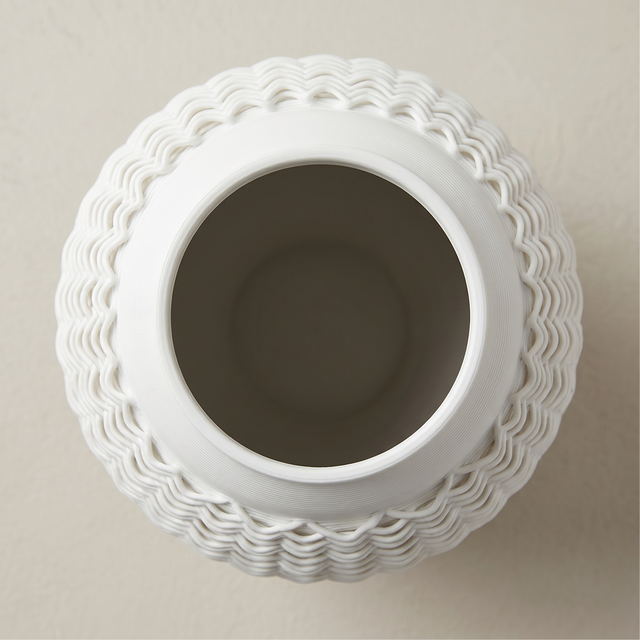3D-Printed Kiln-Fired Ceramic Vase — Large Woven-Texture Flower Vase for Mantel, Shelf & Centerpiece Décor