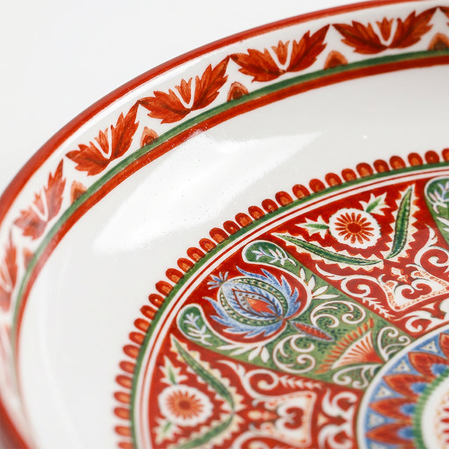 Vibrant floral ceramic plate closeup