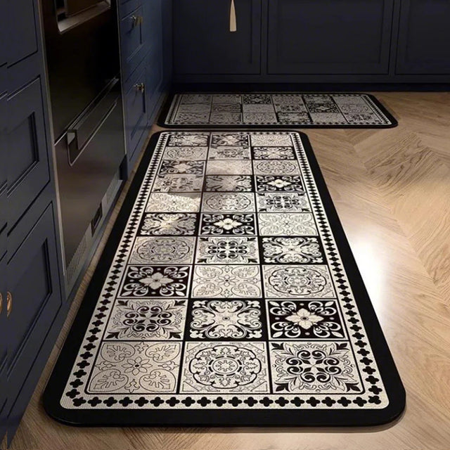 Vintage Black and White Diatom Mud Area Rug on the floor