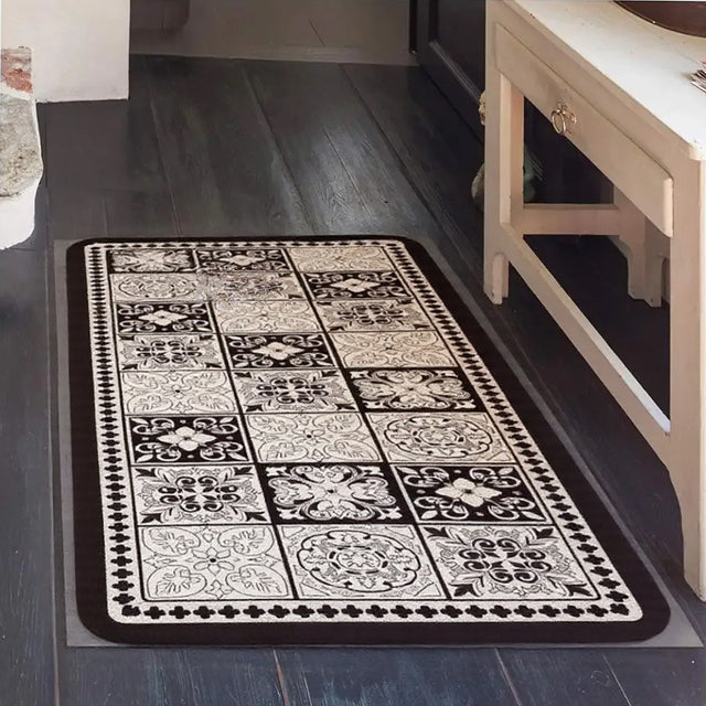 Vintage Black and White Diatom Mud Area Rug on the floor
