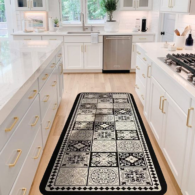 Vintage Black and White Diatom Mud Area Rug on the floor