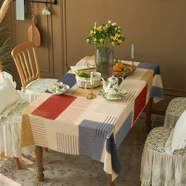 Vintage Leather Like Geometric Color Block Tablecloth Beneath The Drinkware 090944