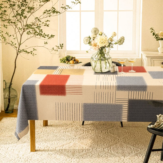 Vintage Leather Like Geometric Color Block Tablecloth Beneath The Glass Vase 090944