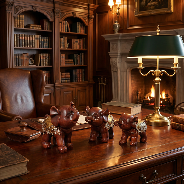 Set of 3 Resin Elephant Figurines – Rosewood Finish, Gold & Silver Embossed Floral Saddles, Lucky Elephant Statues for Mantel Shelf Home Decor