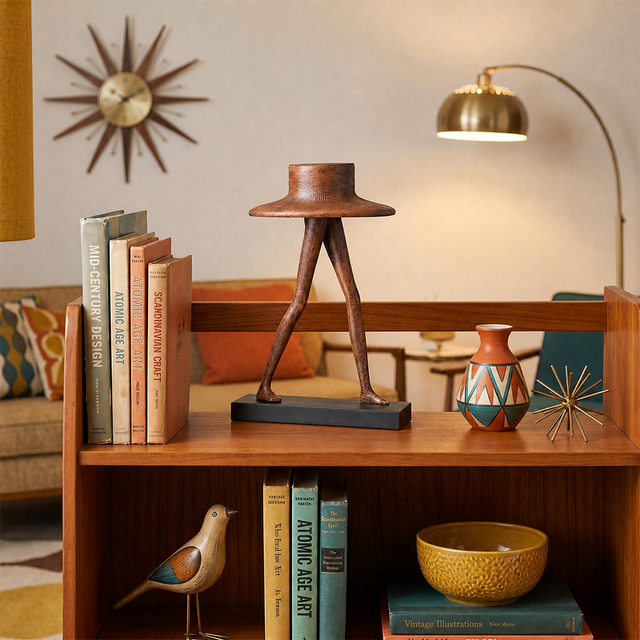 Walking character statue on open wood bookshelf