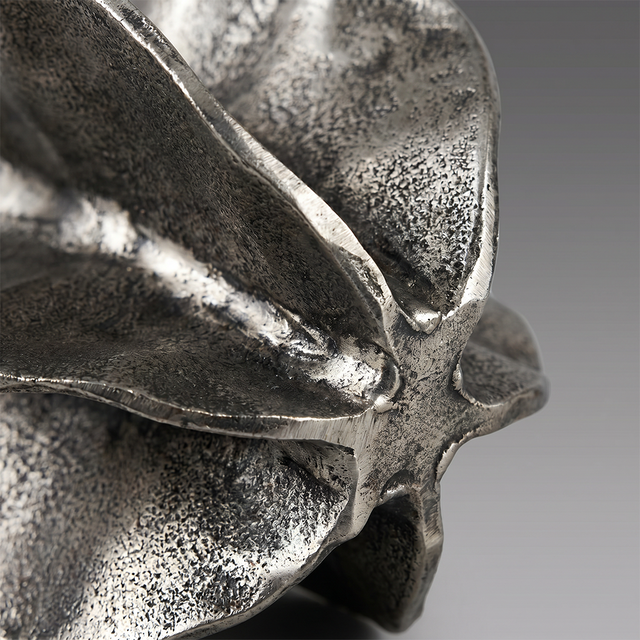 Sculptural Aluminum Orb — Folded Petal Design, Hand-Aged Antique Silver Finish | Decorative Accent for Shelf, Mantel & Sideboard