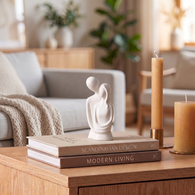 White Couple Sculpture On Wooden Table