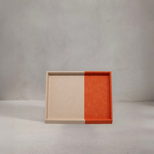 White Orange Color Block Leather Wrapped Organizer Tray
