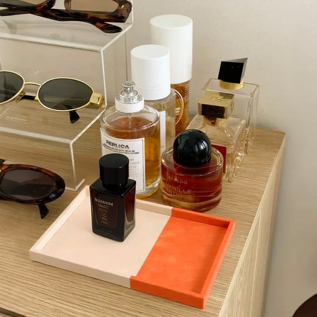 White Orange Color Block Leather Wrapped Organizer Tray on the Table