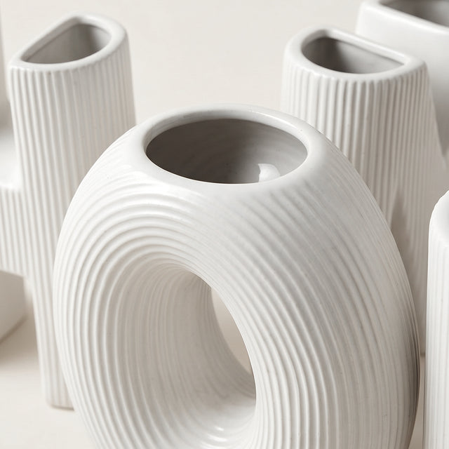 White Ribbed Ceramic Vases