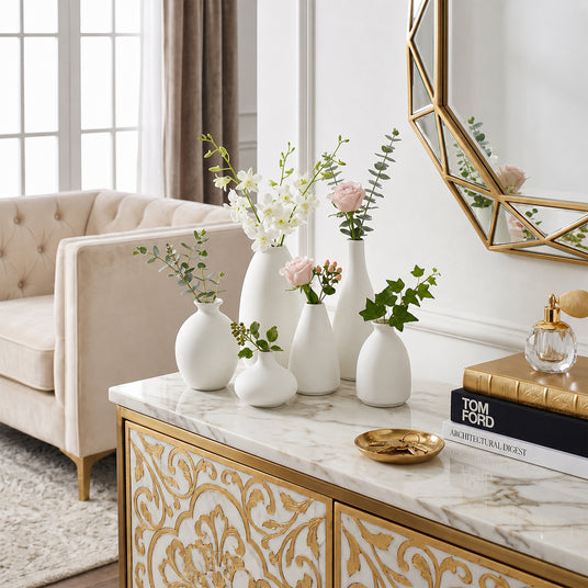 White Vases On Marble Console Table