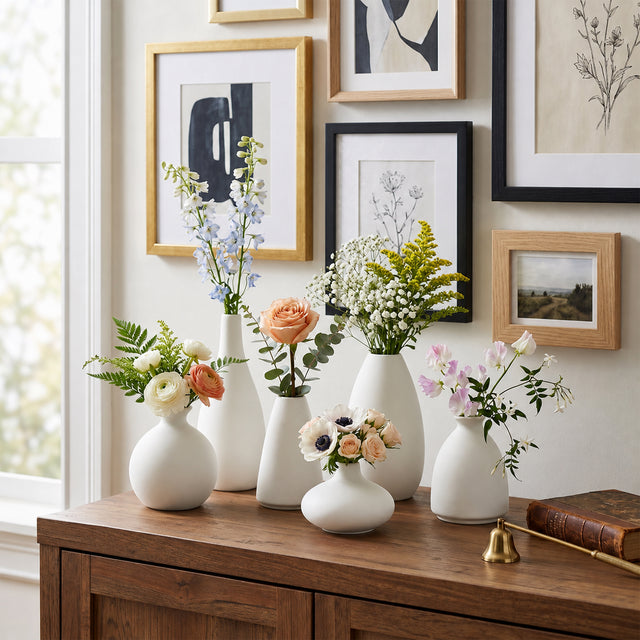 White Vases With Varied Floral Arrangements