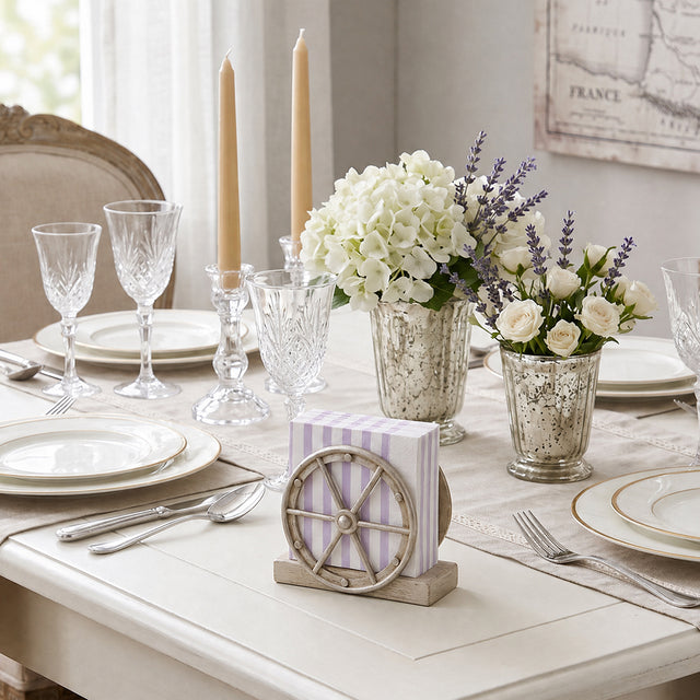 White Wagon Wheel Holder With Elegant Table