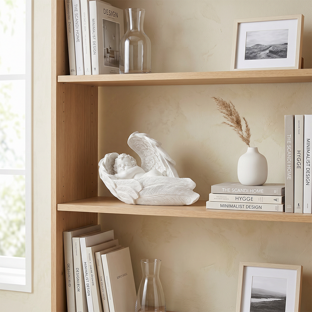 White cherub sculpture inside wood bookshelf