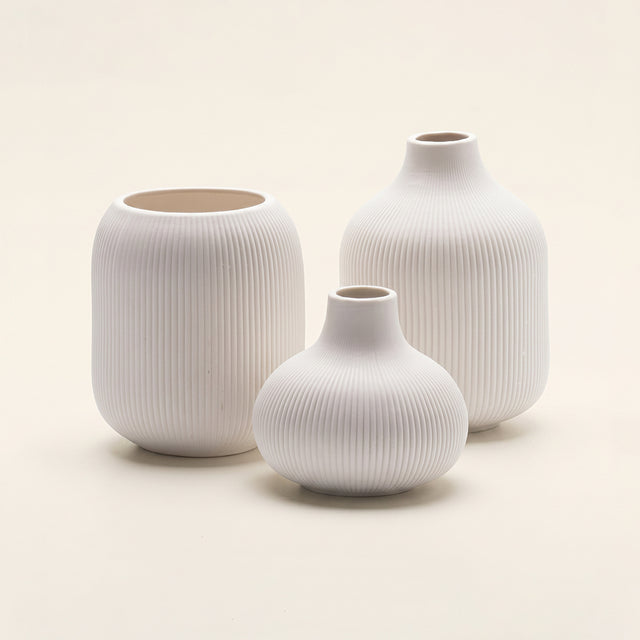 Set of 3 White Ceramic Ribbed Vases — Handcrafted Matte Bud Vase Set for Boho Farmhouse Home Décor