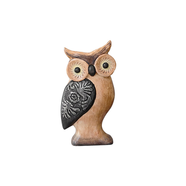 Wood Carved Owl Statue With Textured Wing