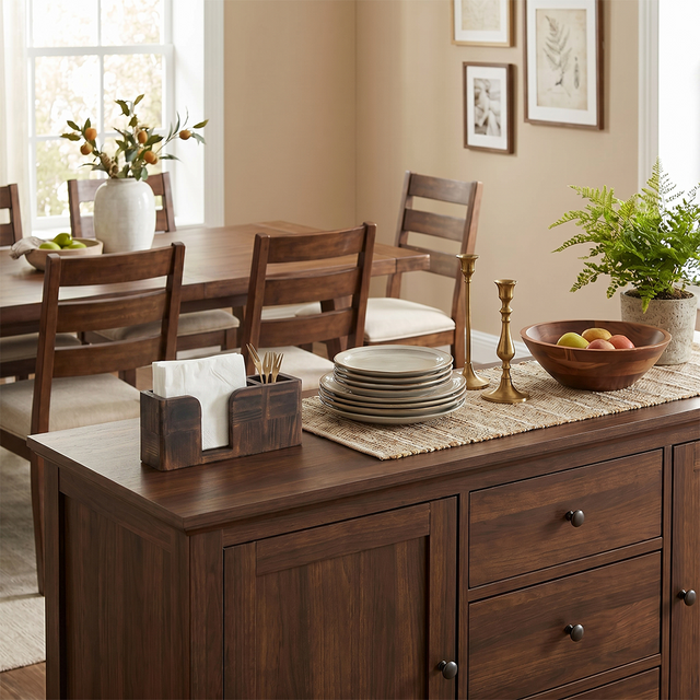Wood table organizer on dining side table