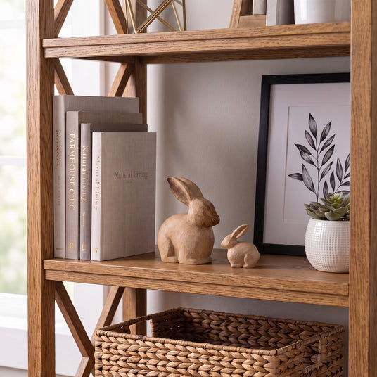 Wooden Bunny Set On Wooden Shelf